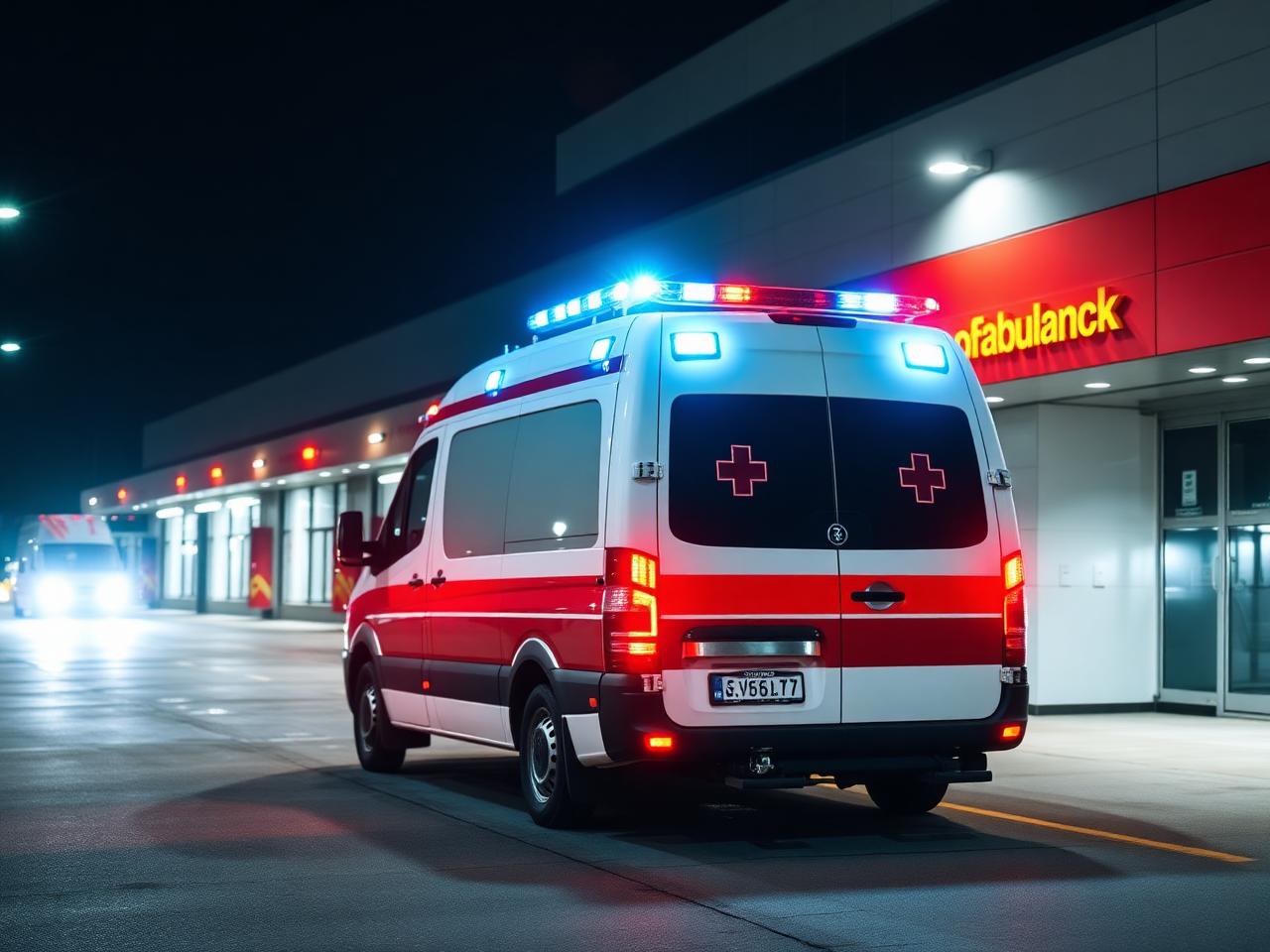 Type III ambulance with red and white LED warning at hospital ambulance bay