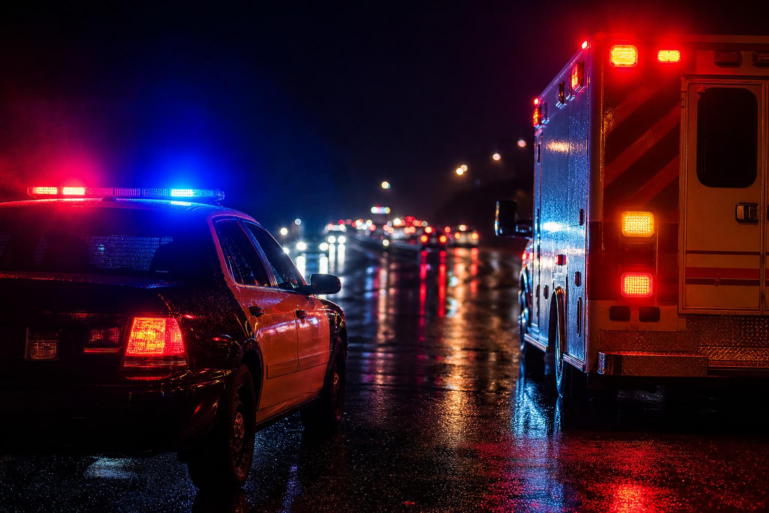 Police cruiser and ambulance operating at night